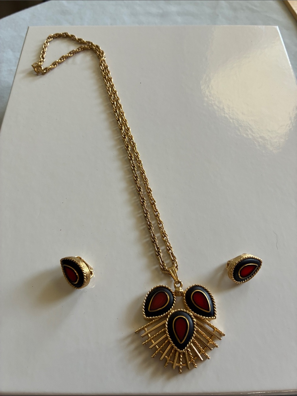 Sarah Coventry Gold-Tone Necklace & Earring Set with Red and Black Accents
